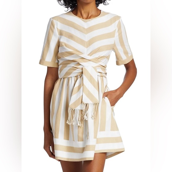 STAUD Hazelnut Stripe York Mini Dress With Pockets & Wrap Detail. Size XS. - Picture 11 of 16